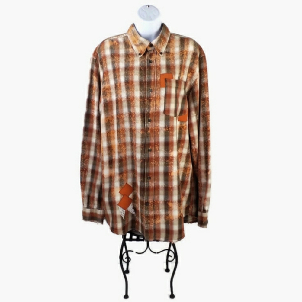 Hand Made Upcycled Bleached Button Front Long Sleeve Plaid Flannel Shirt Size 2X